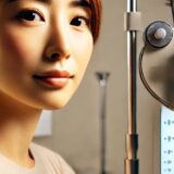 両眼視機能検査を受ける日本人女性の正面に近い構図で、検査機器と顔全体が映っている様子