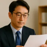 遠近両用メガネをかけて書類を見つめる40代の日本人男性