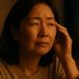 暗い場所で見えづらさを感じている中年の日本人女性が、夕方の室内で目を細めている様子