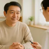 中年の男性が眼鏡処方について視力測定を受けている様子。過矯正について専門家と相談しているシーン。