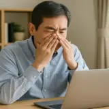 目の疲れを感じている40〜50代の日本人男性（または女性）がデスクで書類を見つめている