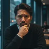 眼鏡店で男性の専門スタッフが内斜位による運転時の見づらさと6プリズム補正について説明し、お客様が安堵している相談風景
