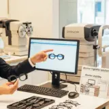 眼鏡店で男性の専門スタッフが外部モニター用の近々両用レンズと片目抑制について50代男性に説明している相談風景