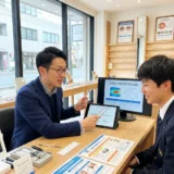 八王子の眼鏡店で男性の専門スタッフが若い学生に輻輳（寄り目）の検査を行い近見疲労の原因について説明している相談風景