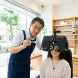 八王子の眼鏡処まどかでプリズムレンズの測定を行う眼鏡技師とお客様