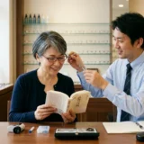 八王子の眼鏡処まどかで老眼鏡のフィッティングを受ける50代女性と眼鏡士