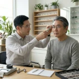 眼鏡店主が男性のお客様に両眼視機能検査を行っている様子、専門的な検査機器を使用
