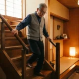 遠近両用メガネをかけて階段の手すりを持ちながら慎重に降りる男性