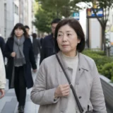 人通りのある歩道を慎重に歩く50代の日本人女性、視野の欠けによる歩きづらさのイメージ